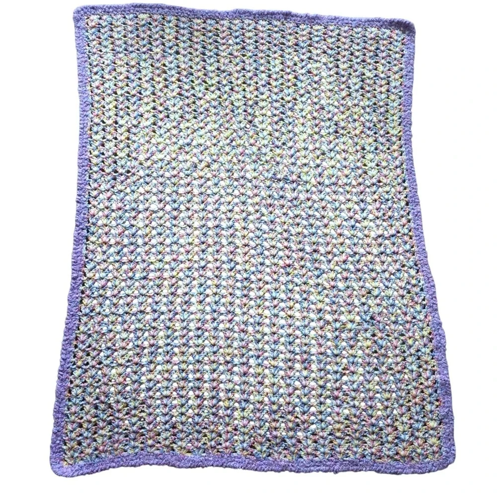 Handmade Crochet Baby Blanket Pastel Variegated Shell Stitch Lavender Border